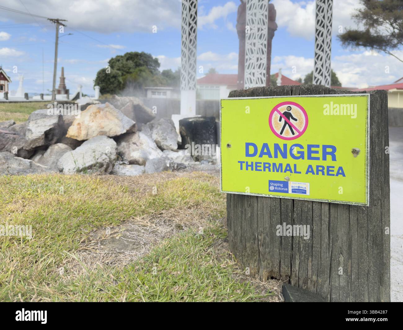 Green sign Danger Thermal Area at the hot springs in the city of ...