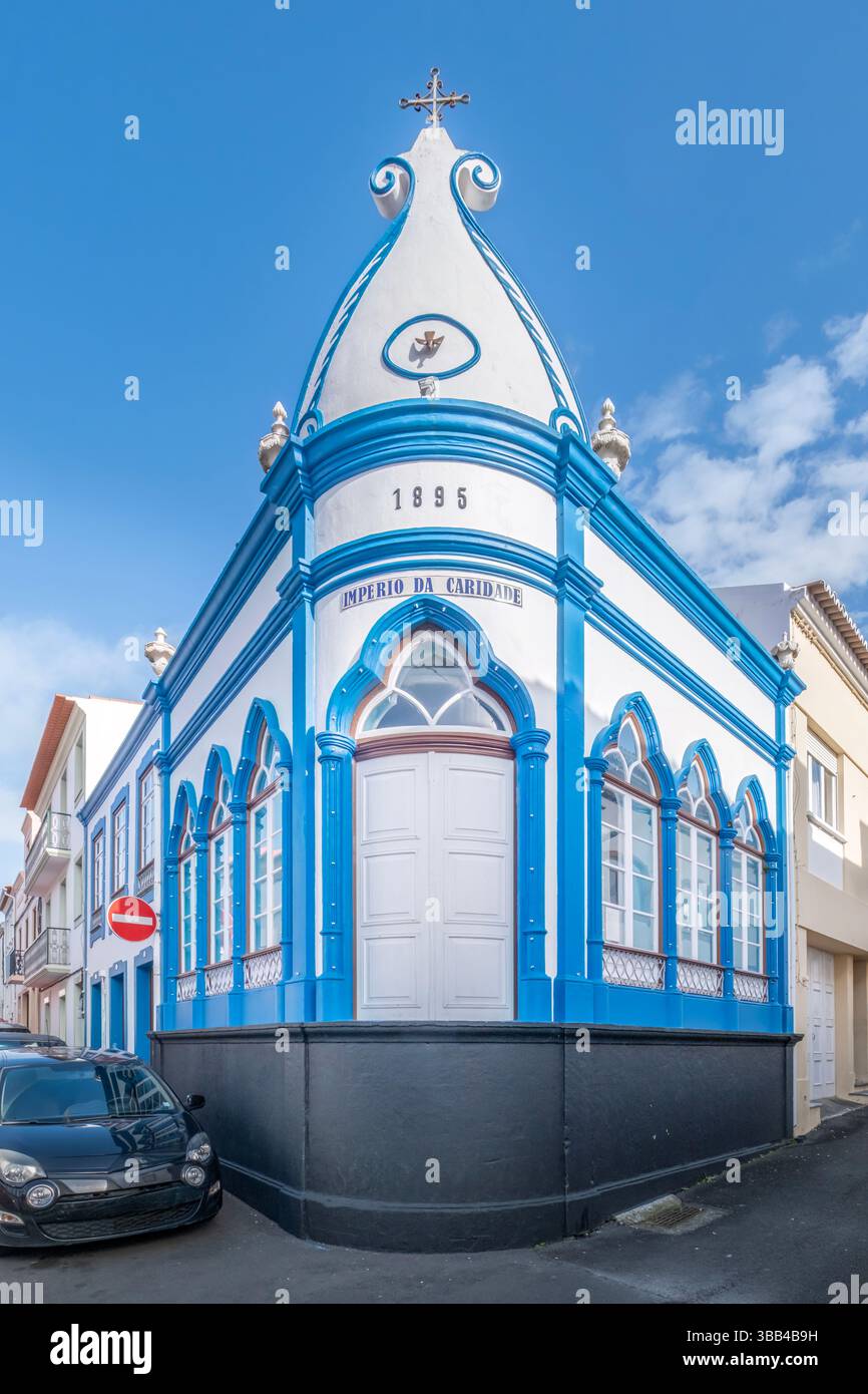 Imperio Divino Espirito Santo da Caridade, Angra do Heroismo, Terceira, Azores. Distinctive blue and white facade of the Empire of the Holy Spirit of Stock Photo