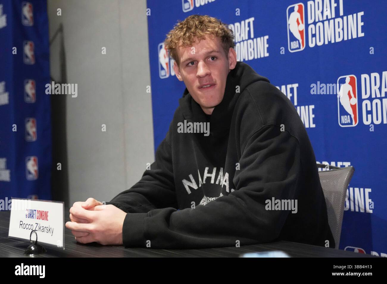 Rocco Zikarsky talks to media at the 2025 NBA basketball draft combine 2025 Nba Draft Date
