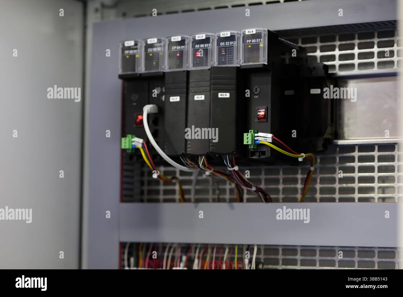 Close up of modular PLC automation control system. Selective focus. Stock Photo