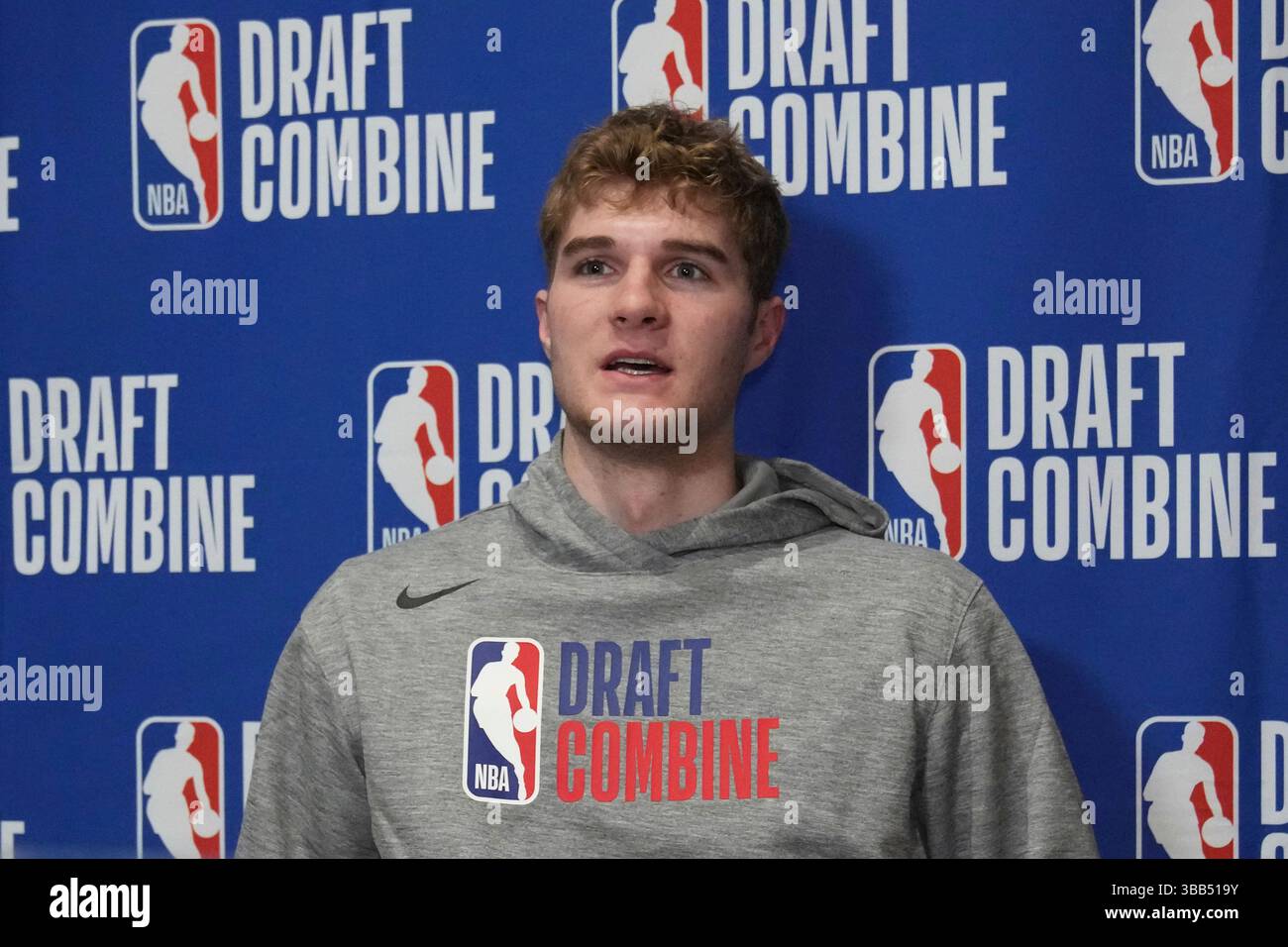 Liam McNeeley talks to media at the 2025 NBA basketball Draft Combine 2025 Nba Draft Date