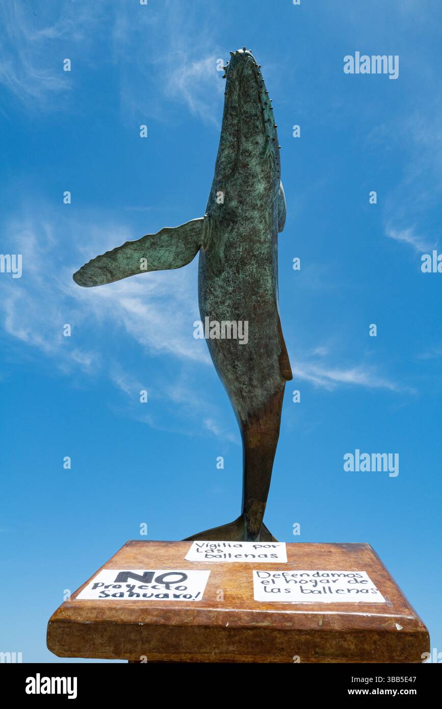 Photo of the whale (Ballena in Spanish)bronze sculpture along the boardwalk Malecón. Signs below protest liquid natural gas Project Saguaro by Mexico Stock Photo