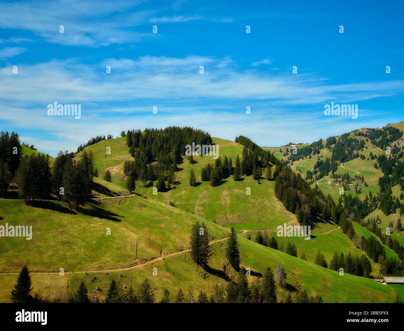 Lush green hills under a bright blue sky with scattered clouds during ...