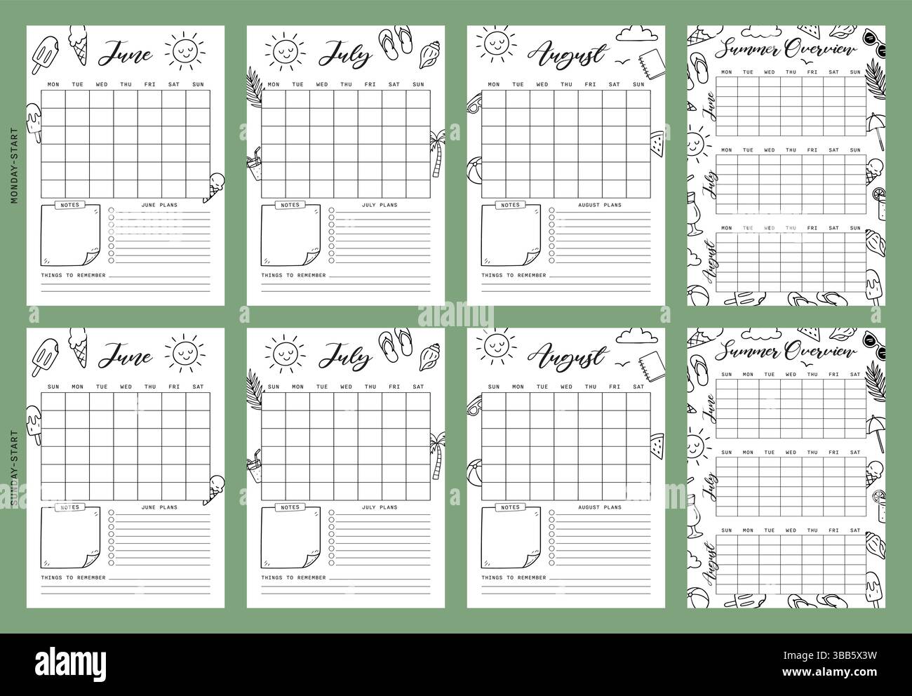 Calendar Set Summer Journal Printable Planner Page Template, Vector ...