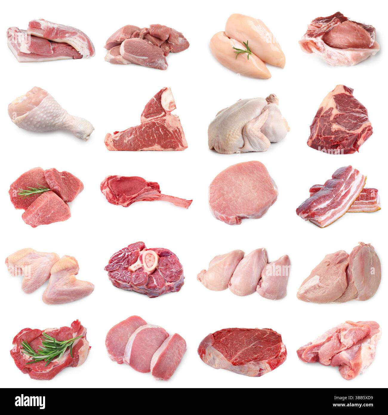 Common Meat List Different types of fresh raw meat isolated on white, collage. Beef ...