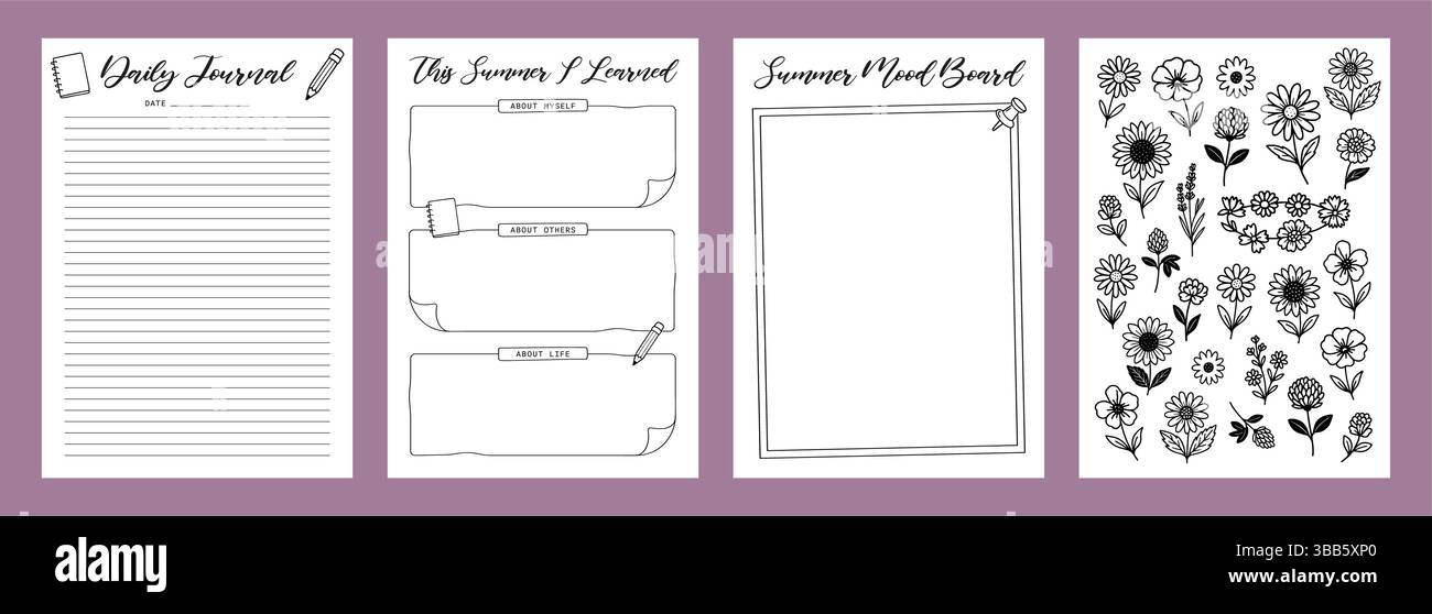 Set Summer Journal Printable Planner Page Template, Vector Illustration ...