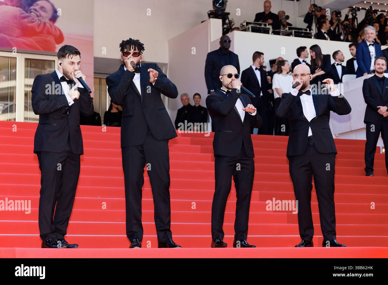 Cannes, France. 14th May, 2025. Berywam composed of four beatboxers: Fabien  Di Napoli aka Beatness, Loïc Barcourt aka Rythmind, Walid Baali aka Wawad  and Loïc Palmiste aka Beasty perform during the red