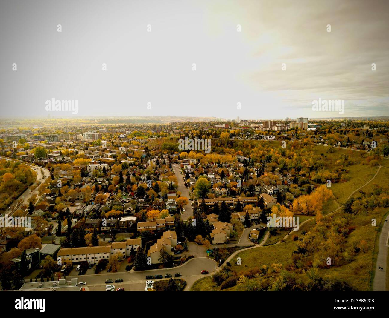 Aerial Views of Calgary Downtown, Trails, and Sunset by the Lake Stock ...