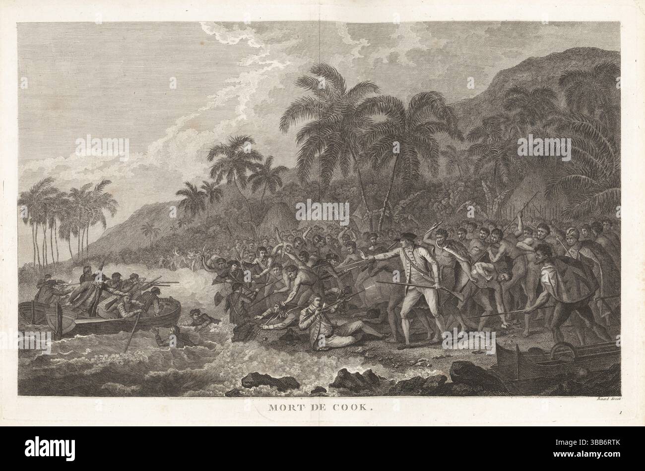 Death of Captain James Cook at Kealakekua Bay, Hawaii, 1779. As Cook and his crew attempted to kidnap chief Kalaniʻōpuʻu, a crowd of Hawaiian men stop them with clubs and knives. English soldiers open fire with muskets. Mort de Cook.  Copperplate engraving directed by Robert Benard after an illustration by John Webber from the French translation of Captain James Cook's Third Voyage, Troisieme Voyage de Capitaine Cook, Hotel de Thou, Paris, 1785. Stock Photo