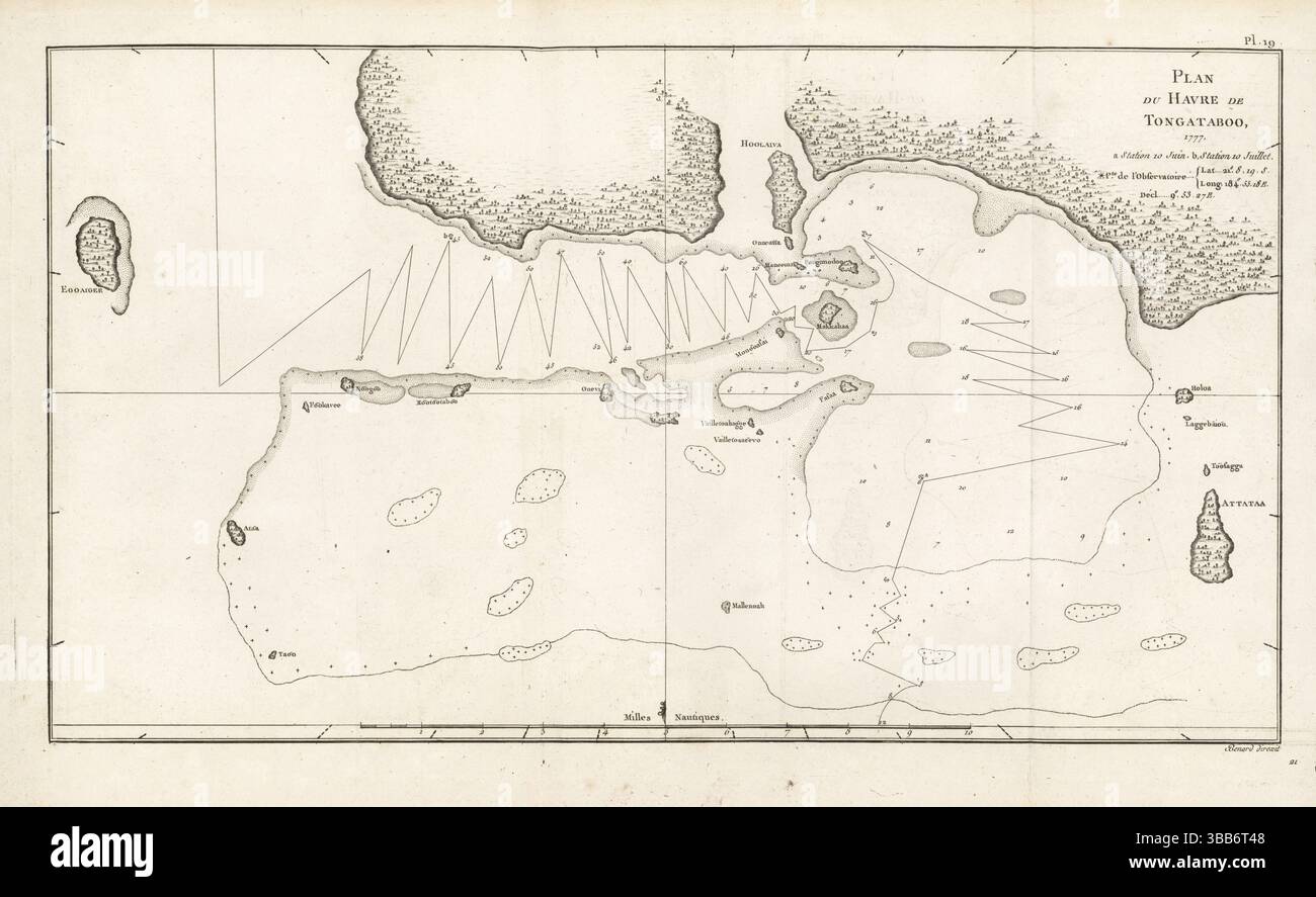 Map of the harbour of Tongatapu, Tonga. Plan du Havre de Tongataboo, 1777. Copperplate engraving directed by Robert Benard after an illustration by John Webber from the French translation of Captain James Cook's Third Voyage, Troisieme Voyage de Capitaine Cook, Hotel de Thou, Paris, 1785. Stock Photo
