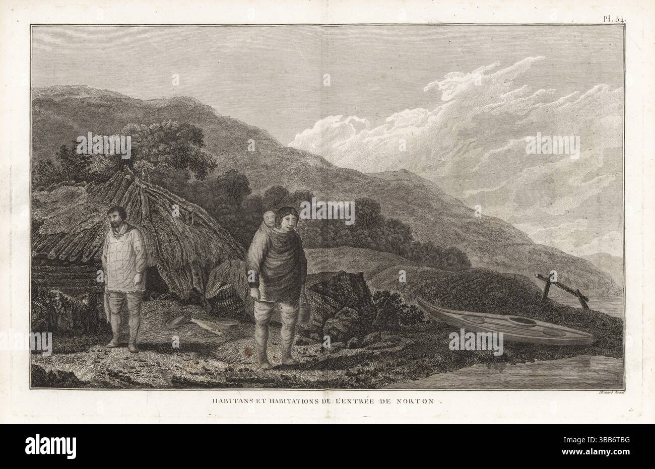 Yupik people of Norton Sound, Alaska, and their house. The man and his wife wear hooded parkas, trousers and boots made of animal skins. A child nestles on the mother's back. The lodge behind is made of timbers covered with grass and stones. Habitans et habitations de l'Entree de Norton. Copperplate engraving directed by Robert Benard after an illustration by John Webber from the French translation of Captain James Cook's Third Voyage, Troisieme Voyage de Capitaine Cook, Hotel de Thou, Paris, 1785. Stock Photo