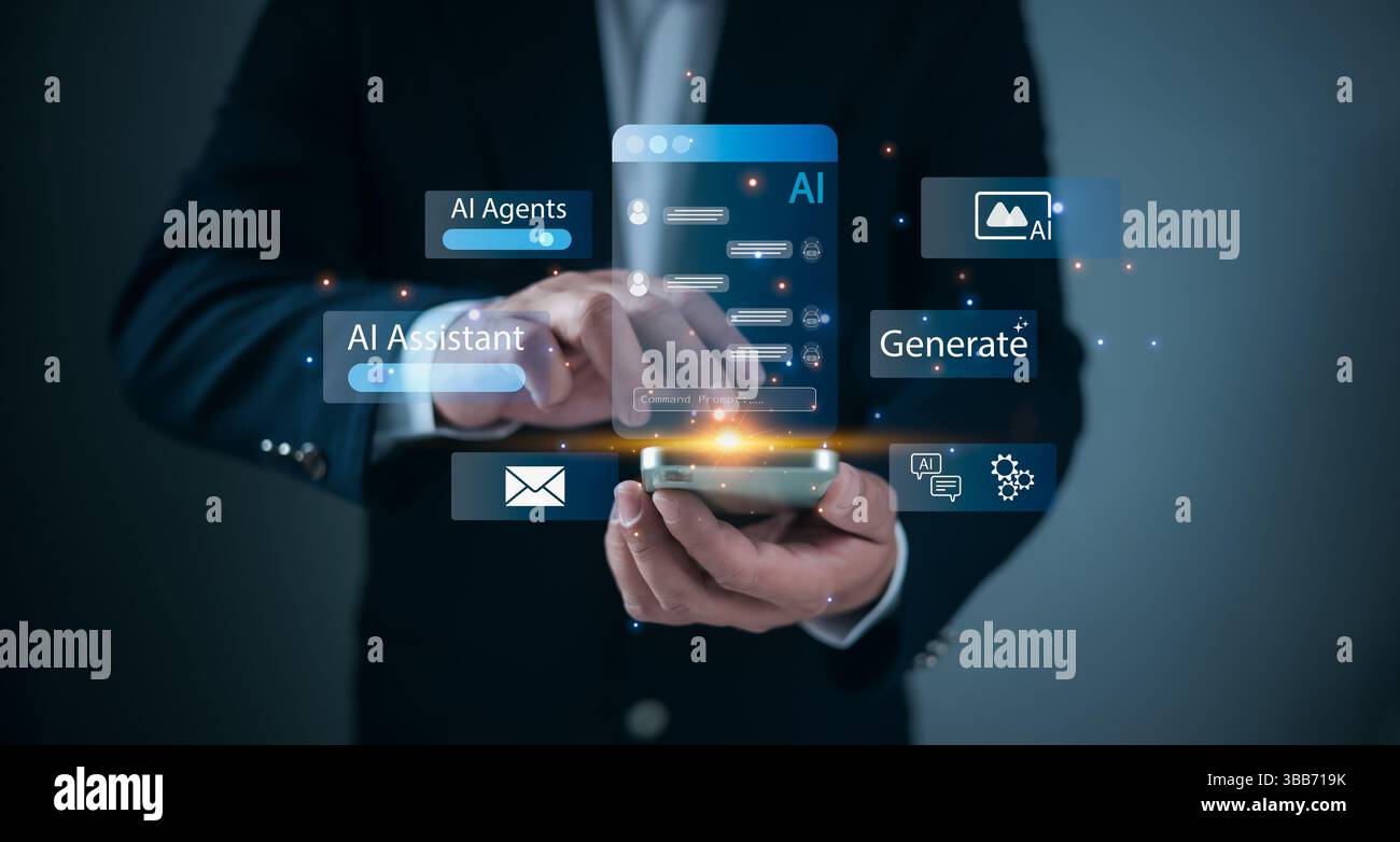 Automation technology, Future digital communication, Businessman using smartphone with AI chatbot interface Representing artificial intelligence assis Stock Photo