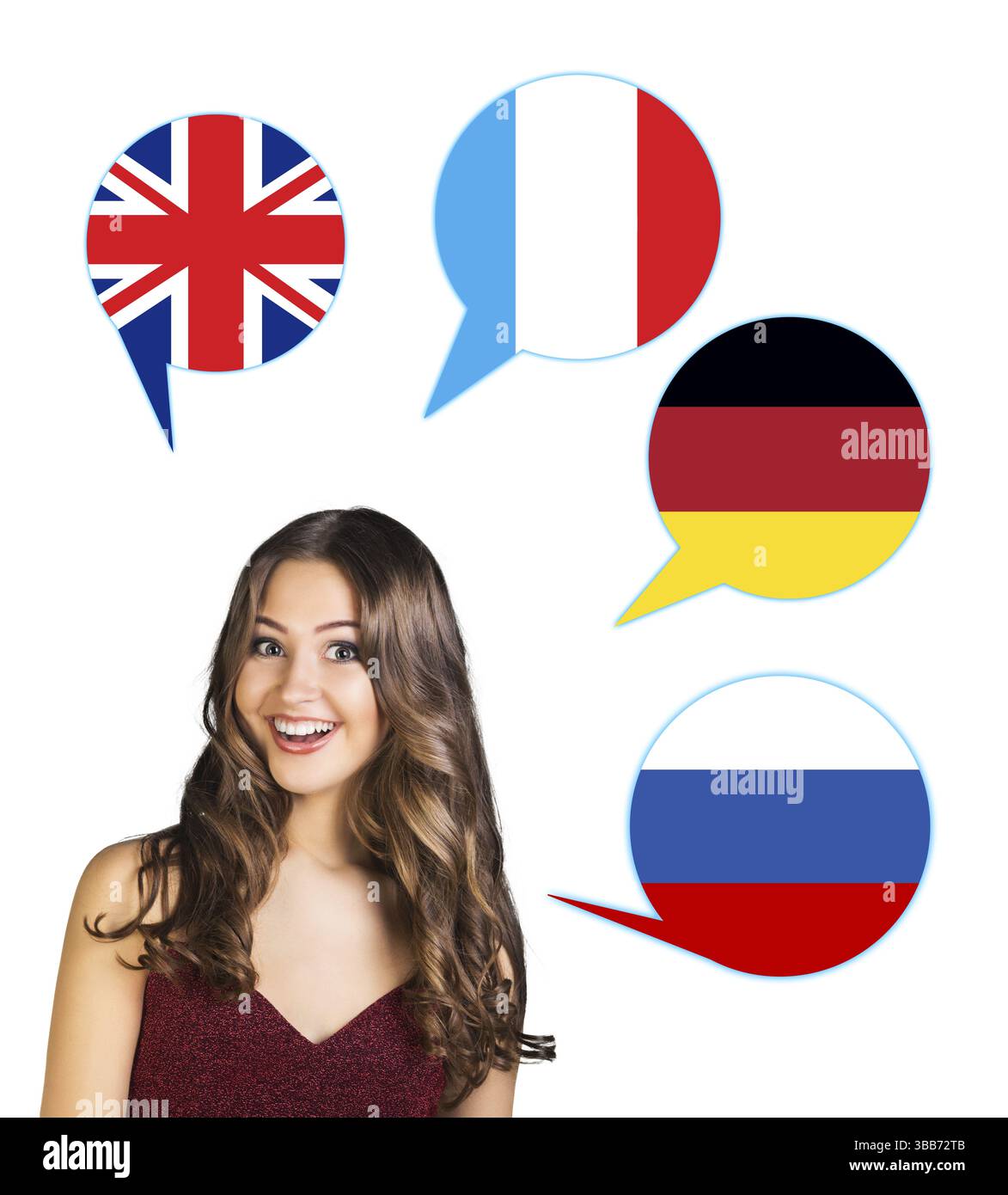 Czech Language Vs. Russian Young woman surrounded by dialogue bubbles with countries flags ...