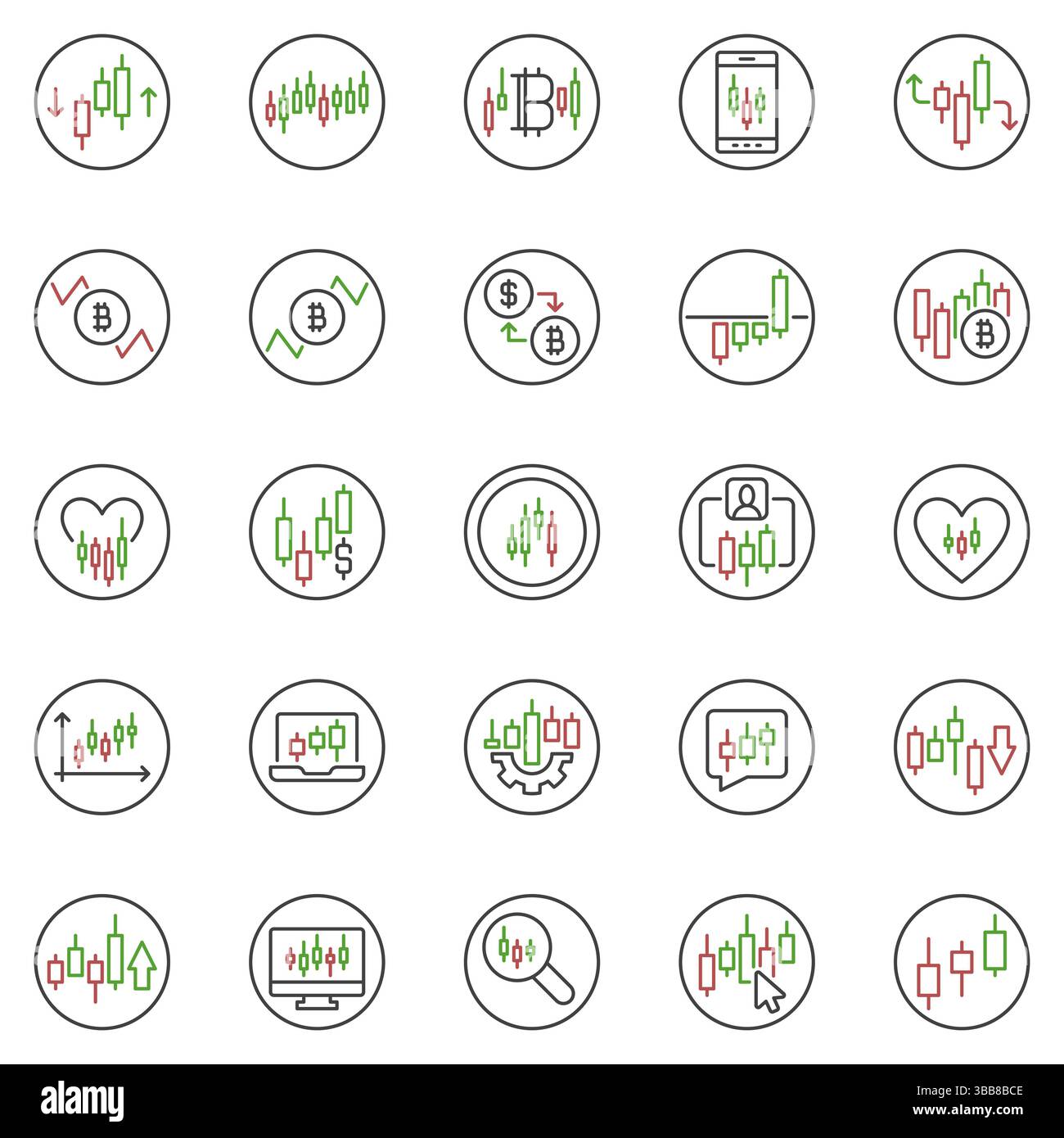 Cryptocurrency Trading round outline icons set - Candlestick Chart ...