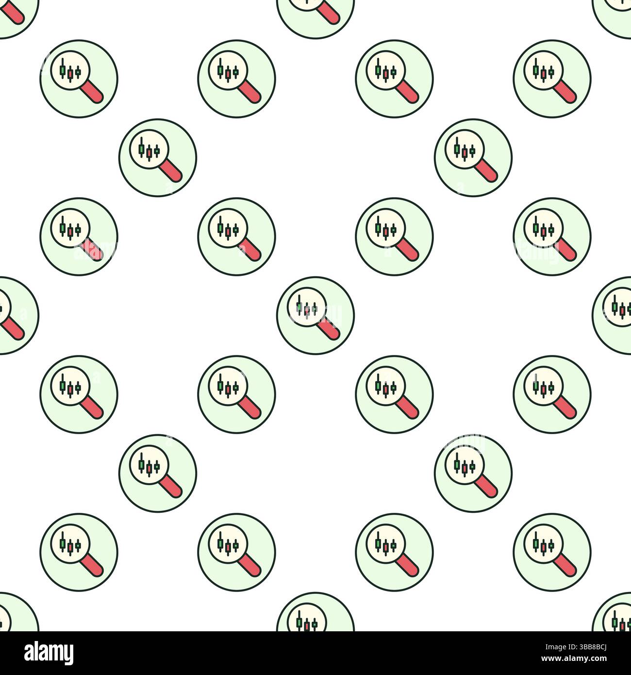 Magnifying Glass with Candlestick Chart Crypto Trading vector concept colored round seamless pattern Stock Vector