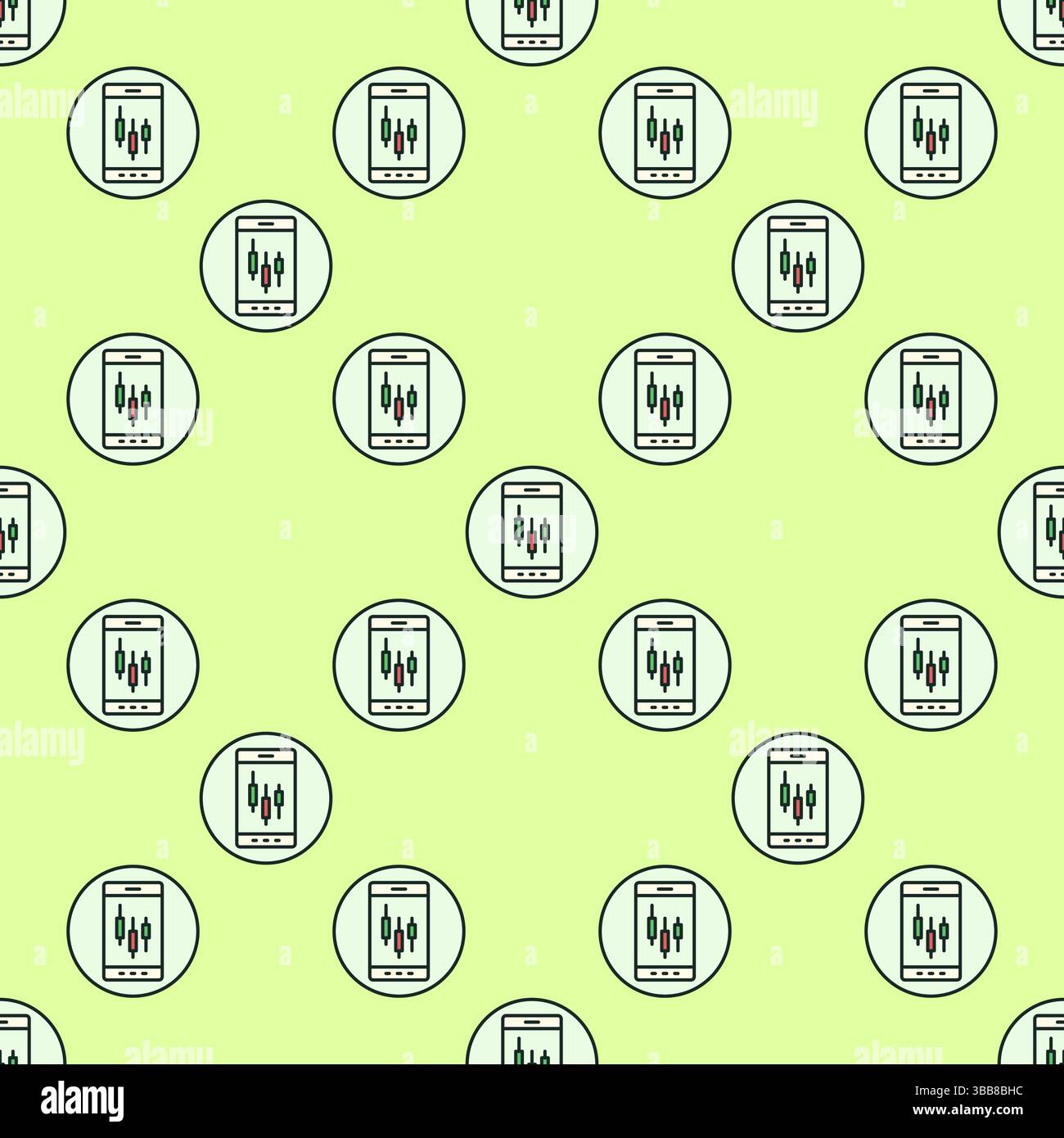 Trading on Phone vector Candlestick Chart on Screen concept round colored seamless pattern Stock Vector