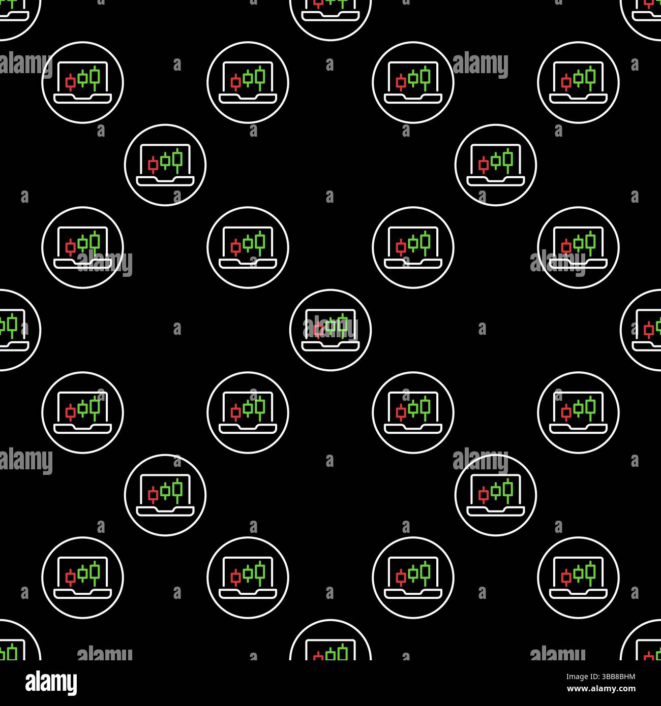 Laptop with Candlestick Chart vector Trading concept circle shaped seamless pattern in thin line style Stock Vector