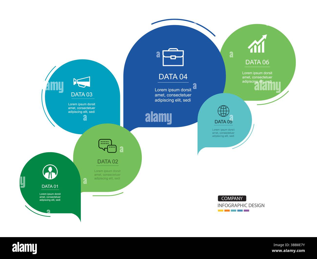 Infographics speech bubbles timeline with 6 number data template. Illustration abstract background. Stock Vector