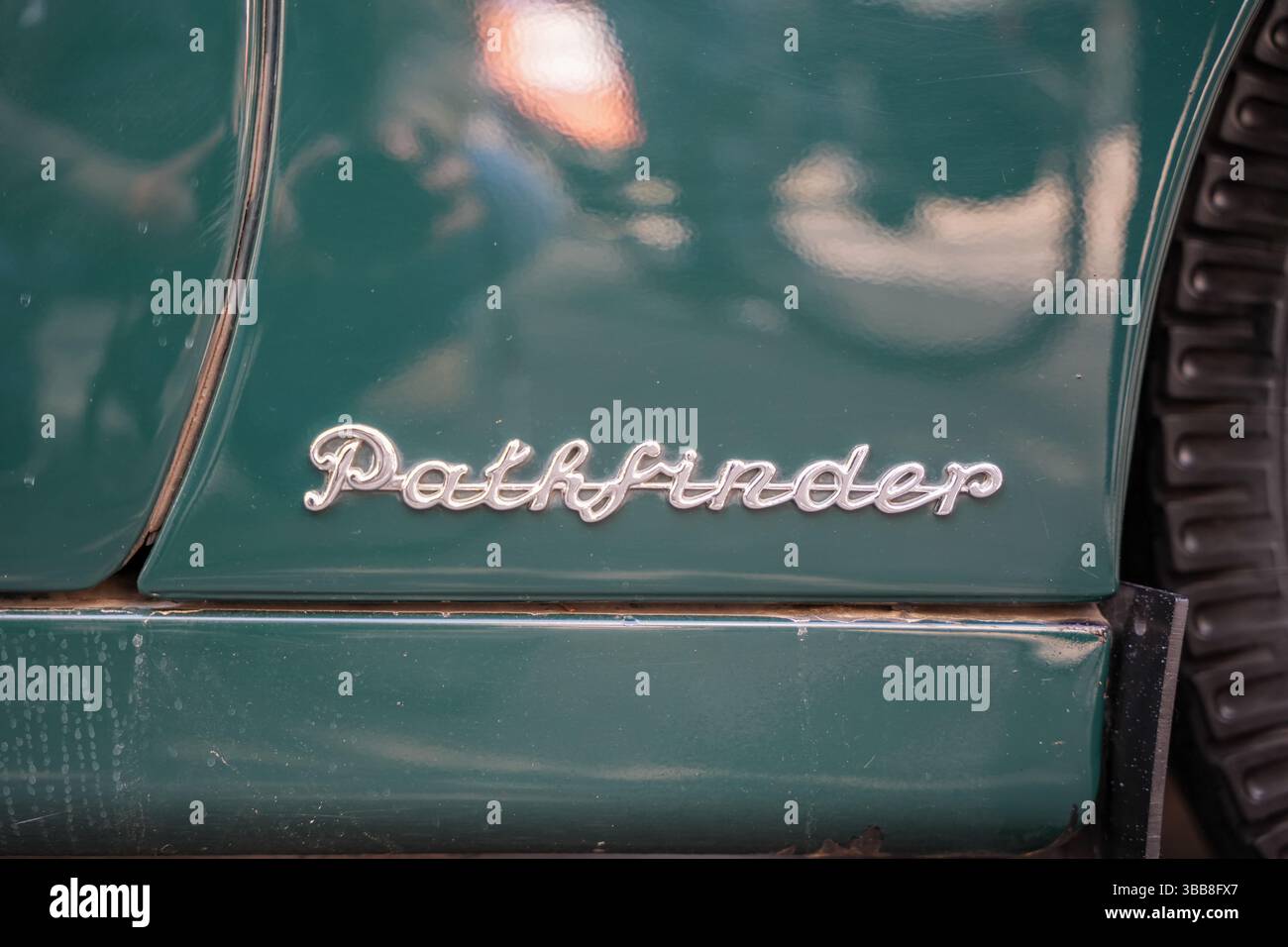 Germany Berlin May 11, 2025. Pathfinder lettering on a classic car. The ...