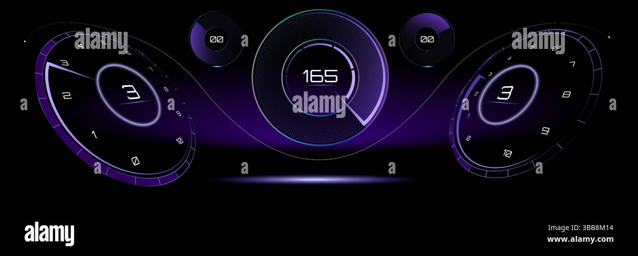 Vector illustration. Futuristic neon driving interface with twin rotary ...