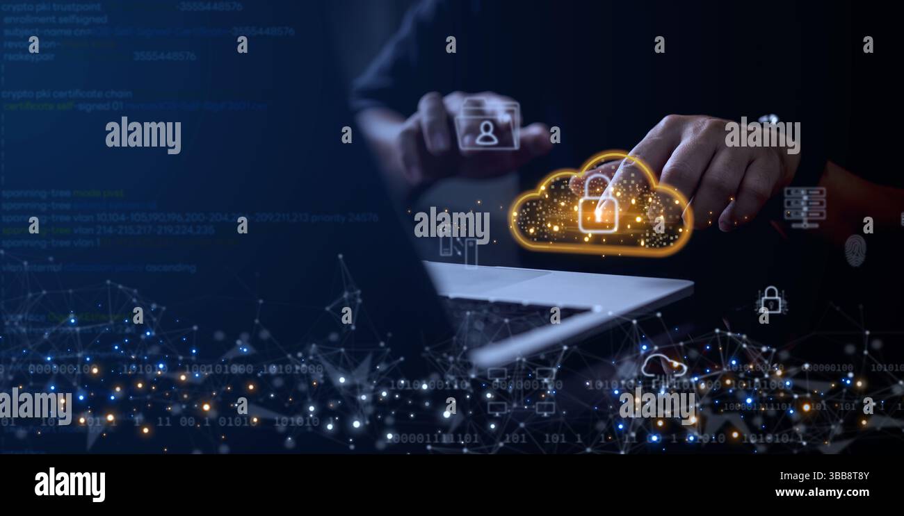 Cybersecurity concept showing hands on laptop with glowing cloud lock icon and digital network background. Ideal for secure data storage, online prote Stock Photo