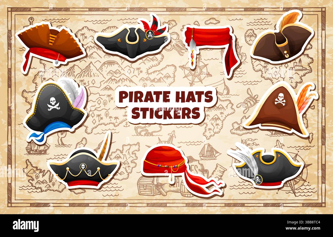 Pirate tricorn hats and bandanas stickers pack on treasure map, cartoon ...