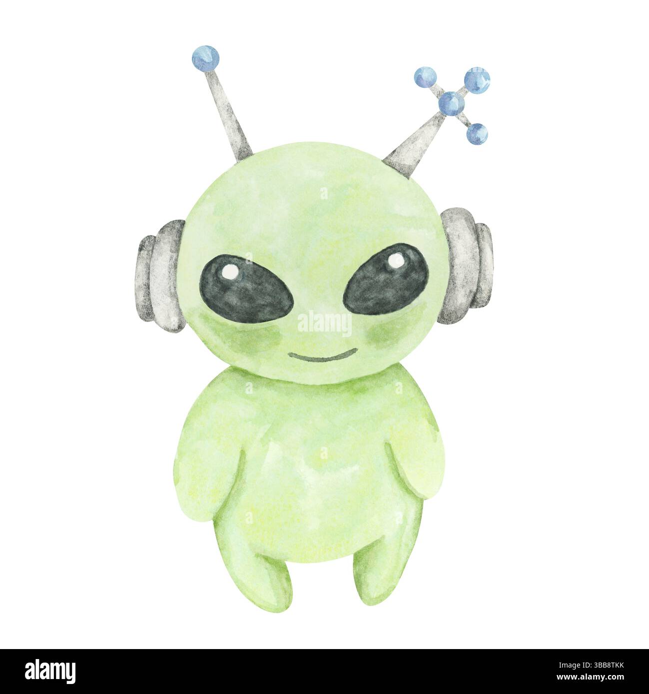 Light green alien with headphones and blue antennas in a watercolor ...