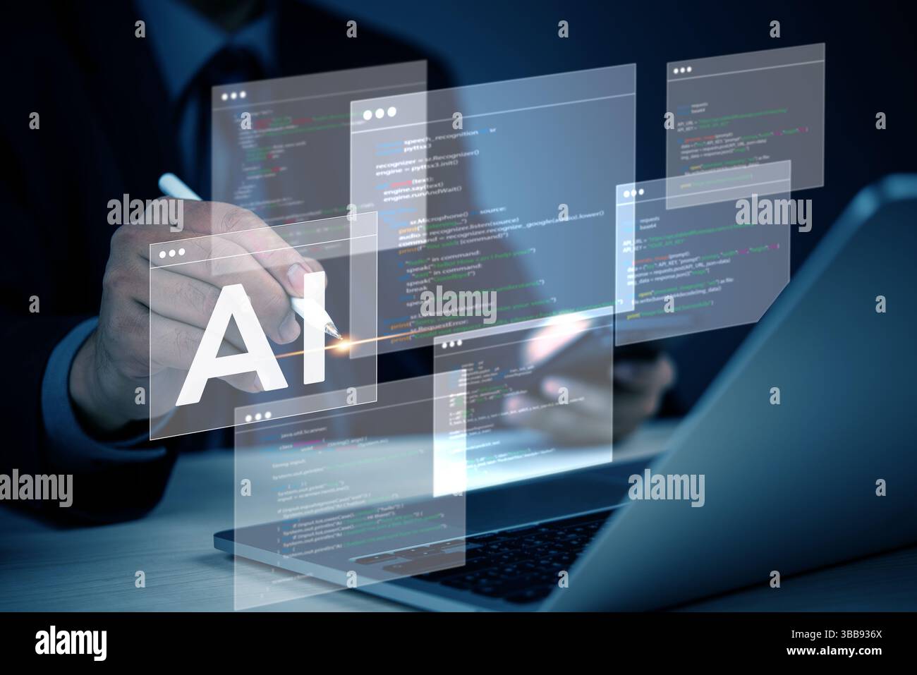 AI artificial intelligence technology and machine learning development programming concept with a businessman innovation writing code data technology Stock Photo