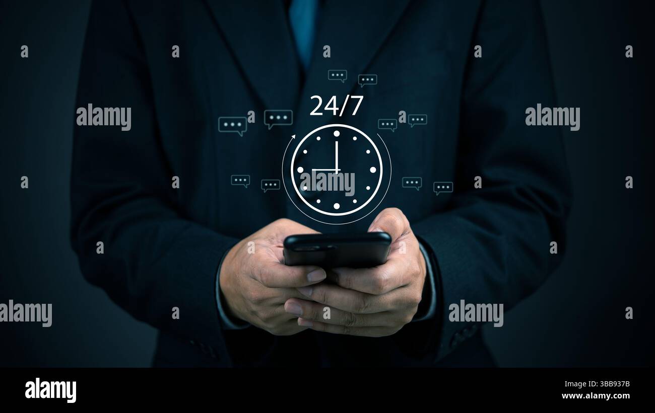 24/7 customer service concept, with a professional using a phone and chat icons to connect with clients anytime. Focus on communication and support. Stock Photo
