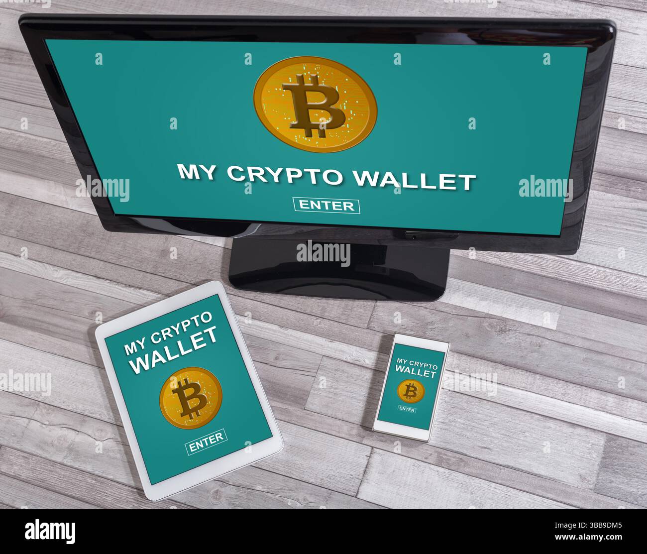 Crypto wallet concept shown on different information technology devices Stock Photo