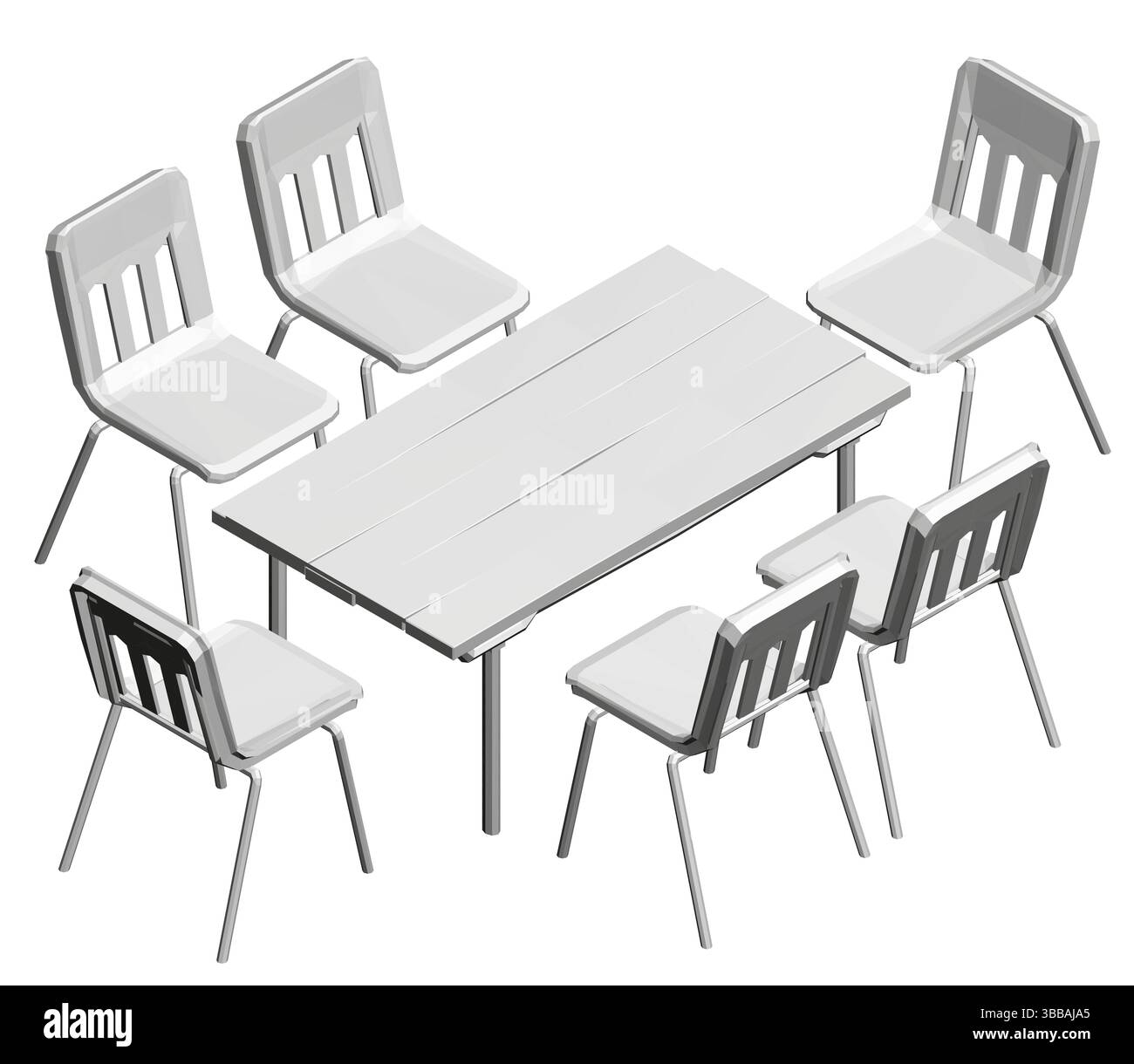 A white table with six chairs around it. The chairs are all white and have a similar design. The table is the centerpiece of the scene, and the chairs Stock Vector