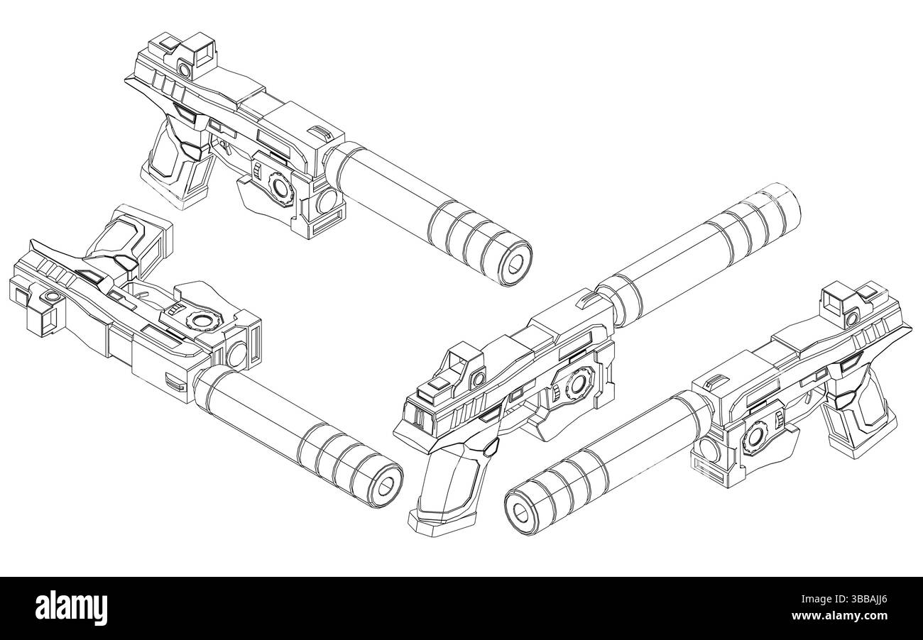 Three guns are shown in a black and white drawing. The guns are all the ...