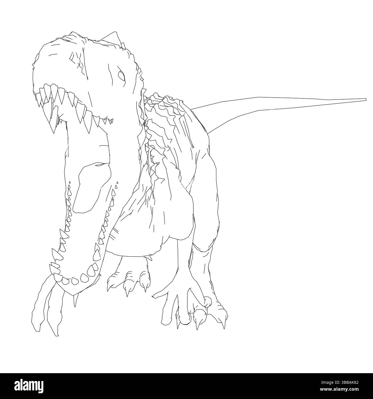 A drawing of a dinosaur with its mouth open. The drawing is in black and white. The dinosaur appears to be hungry and ready to attack Stock Vector