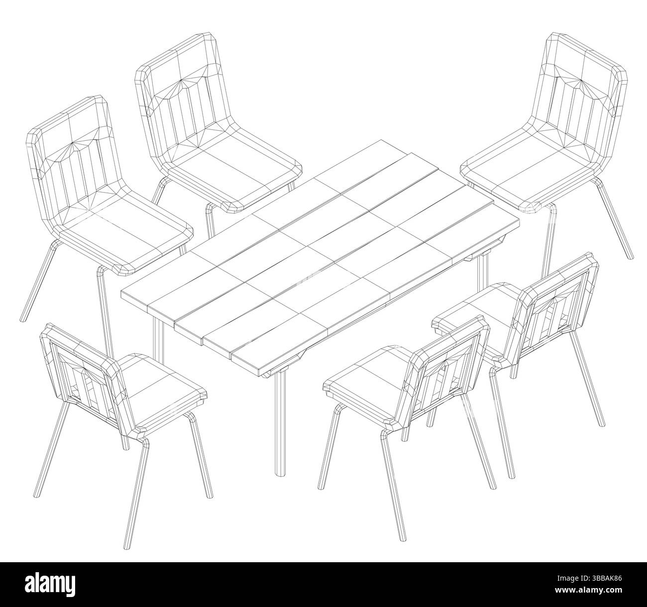 A table with six chairs around it. The chairs are all lined up in a row. The table is the center of the scene Stock Vector
