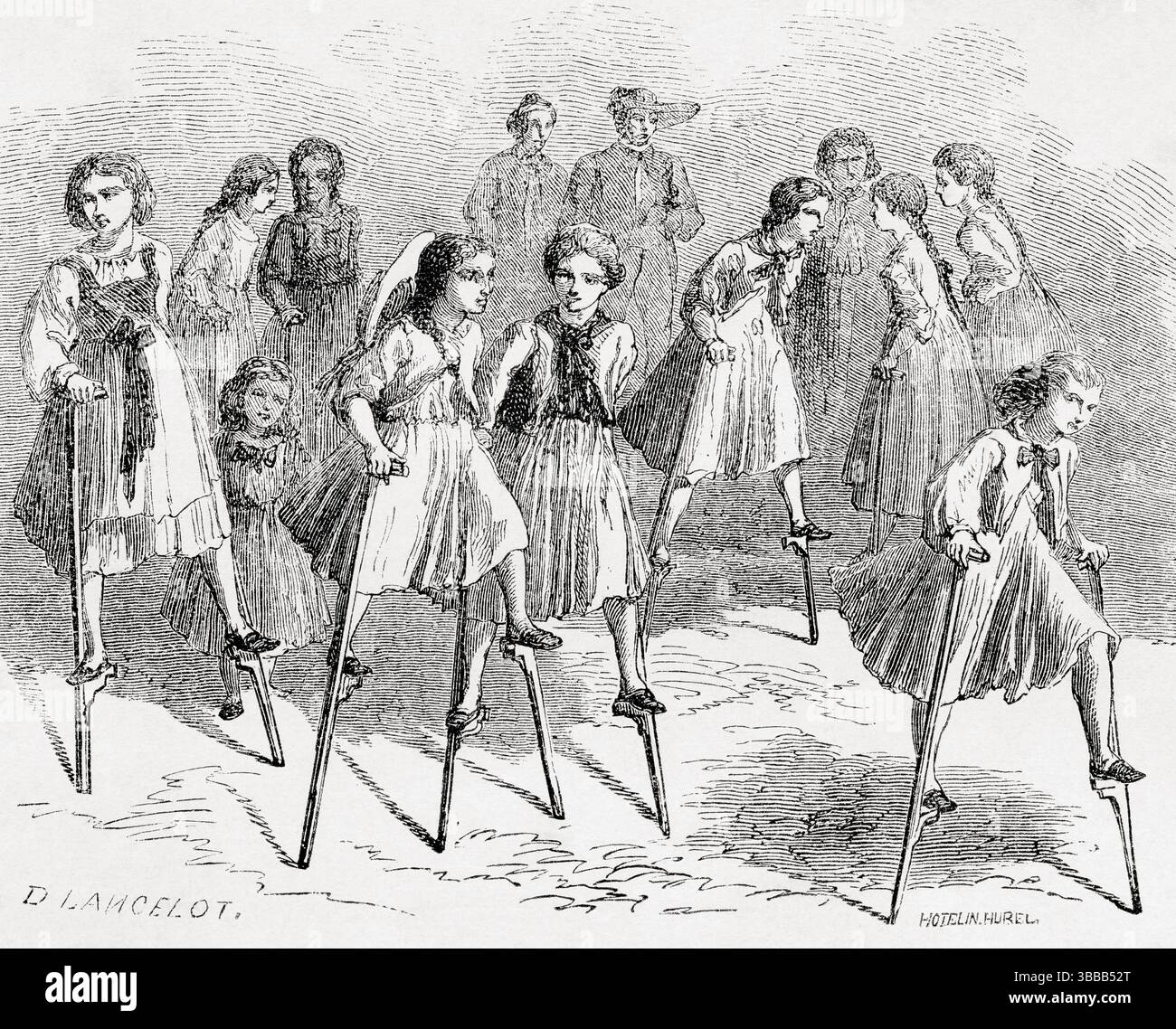 Young girls walking on stilts, Ulm, Baden-Württemberg, Germany, 1860. From Paris to Bucharest: geographical talks, by M V. Duruy, 1860.  Featured in Le Tour du Monde, published 1862. Stock Photo
