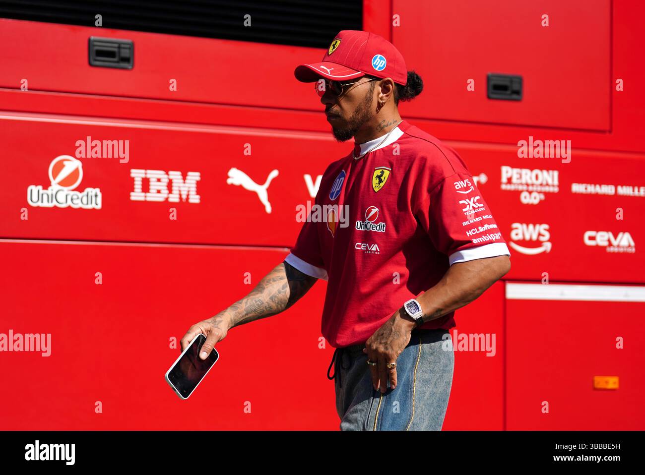 Ferrari's Lewis Hamilton at the Autodromo Internazionale Enzo e Dino Ferrari, commonly known as Imola. Picture date: Thursday May 15, 2025. Stock Photo
