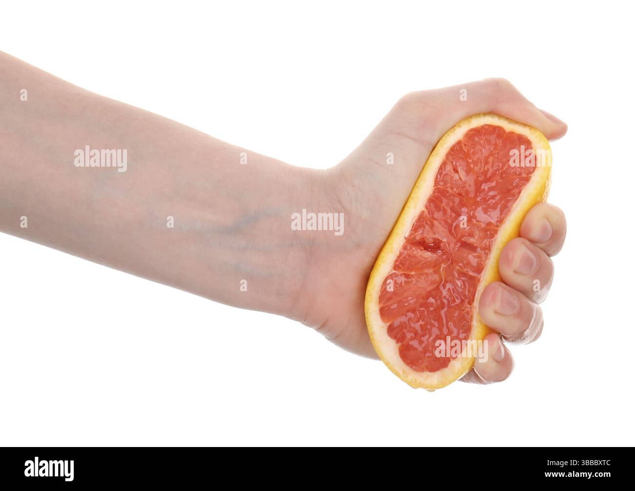 Woman squeezing grapefruit on white background, closeup Stock Photo