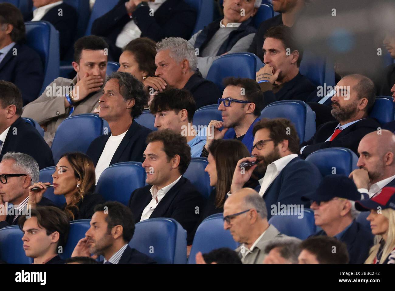 Rome, Italy. 14th May, 2025. Roberto Baggio, Fabio Galante, Alessandro Del Piero and his son Tobias look on from the tribune during the AC Milan vs Bologna Coppa Italia match at Stadio Olimpico, Rome. Picture credit should read: Jonathan Moscrop/Sportimage Credit: Sportimage Ltd/Alamy Live News Stock Photo