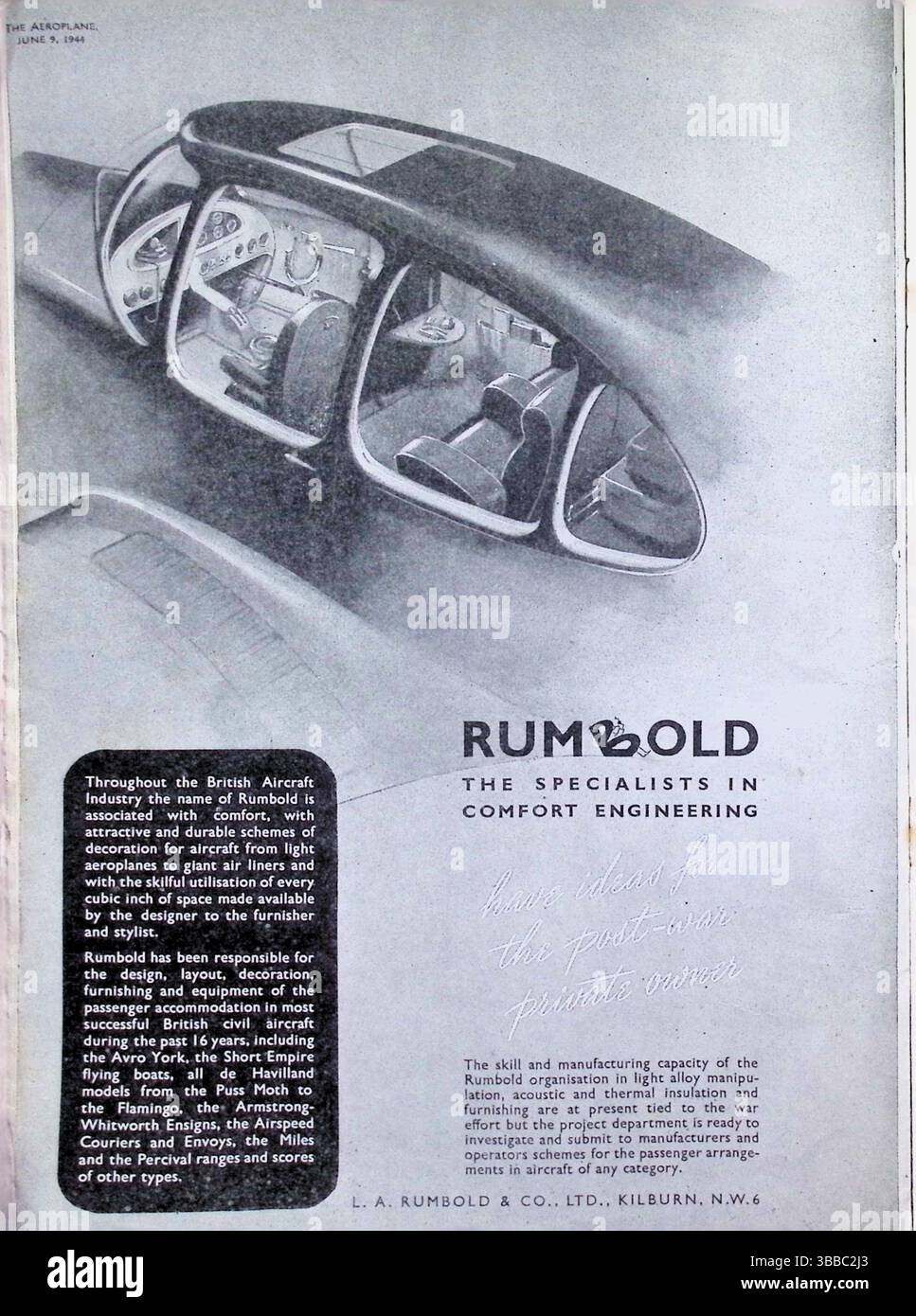 1944 advertisement from The Aeroplane magazine showcasing Rumbold & Co Ltd, specialists in aircraft comfort engineering. Highlighting their interior design work for British airliners and military aircraft, the ad promotes Rumbold's post-war readiness to furnish civilian aircraft with innovative, space-efficient and durable passenger accommodations. Stock Photo