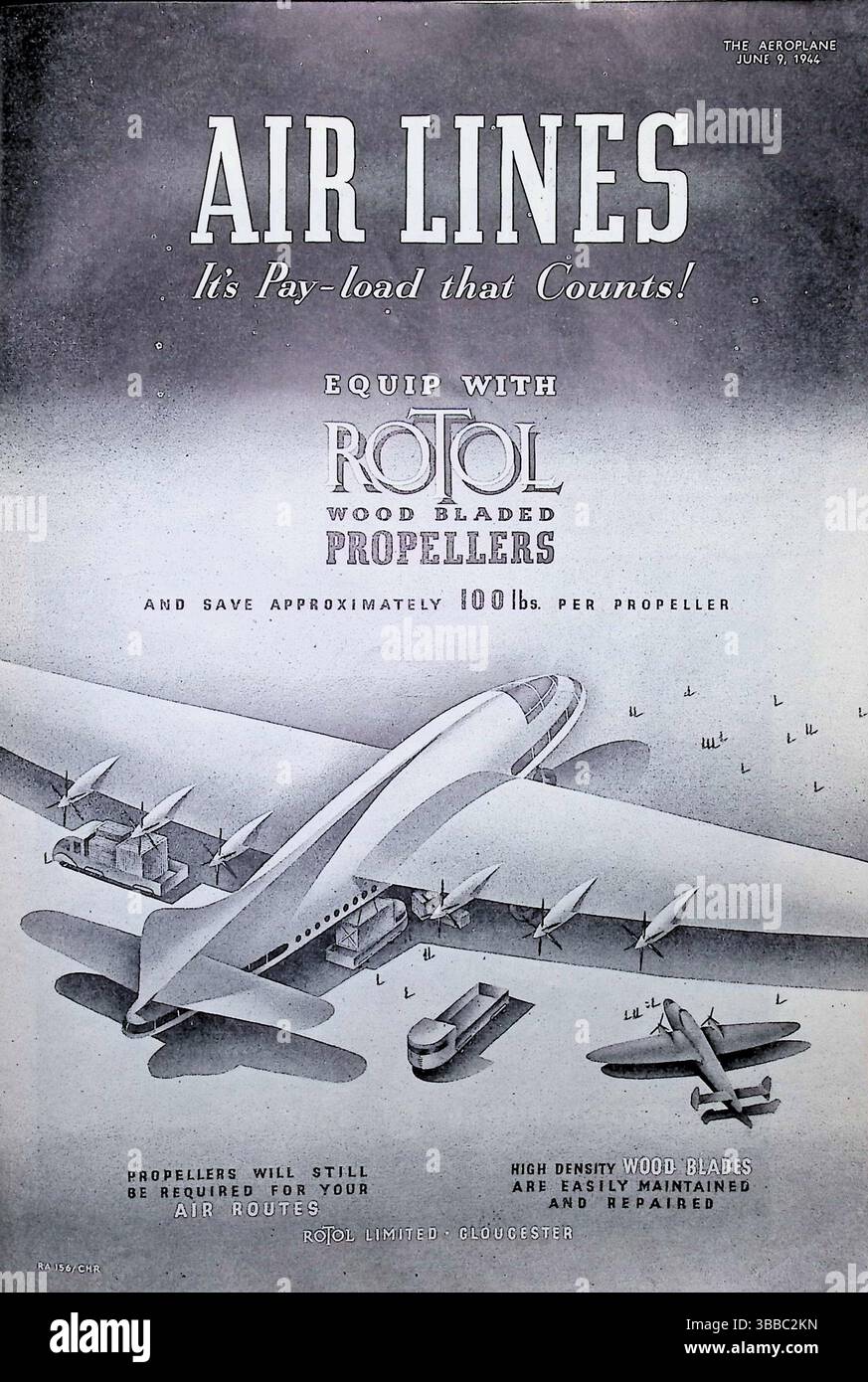 June 1944 advertisement for Rotol Limited promotes their wood-bladed propellers for postwar airliners. Emphasizing payload efficiency, it claims a weight saving of approximately 100 lbs per propeller. The illustrated futuristic airliner hints at commercial aviation’s future, with wood blades still seen as practical, maintainable, and lightweight solutions for evolving air transport needs. Stock Photo