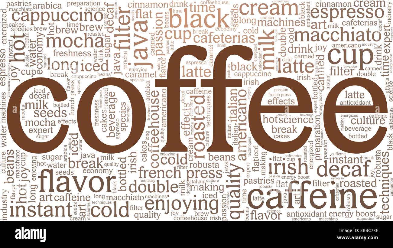 Coffee word cloud conceptual design isolated on white background. Stock Vector