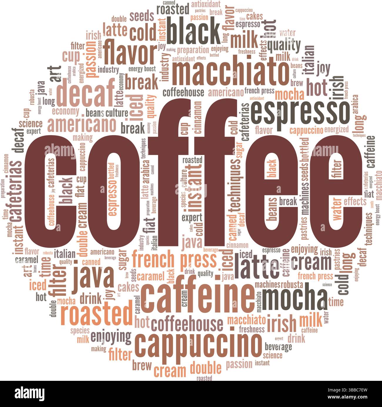 Coffee word cloud conceptual design isolated on white background. Stock Vector