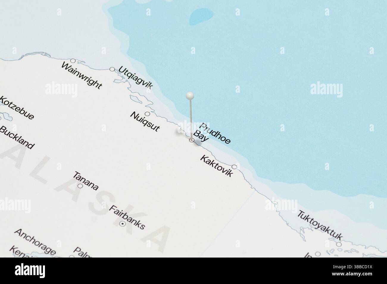 Prudhoe Map macro photo of a white pin needle into prudhoe bay city of Alaska ...
