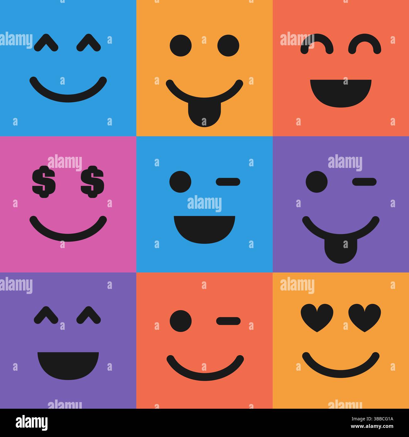 Set of nine colorful emoticons. Emoji icon in square. Flat background ...