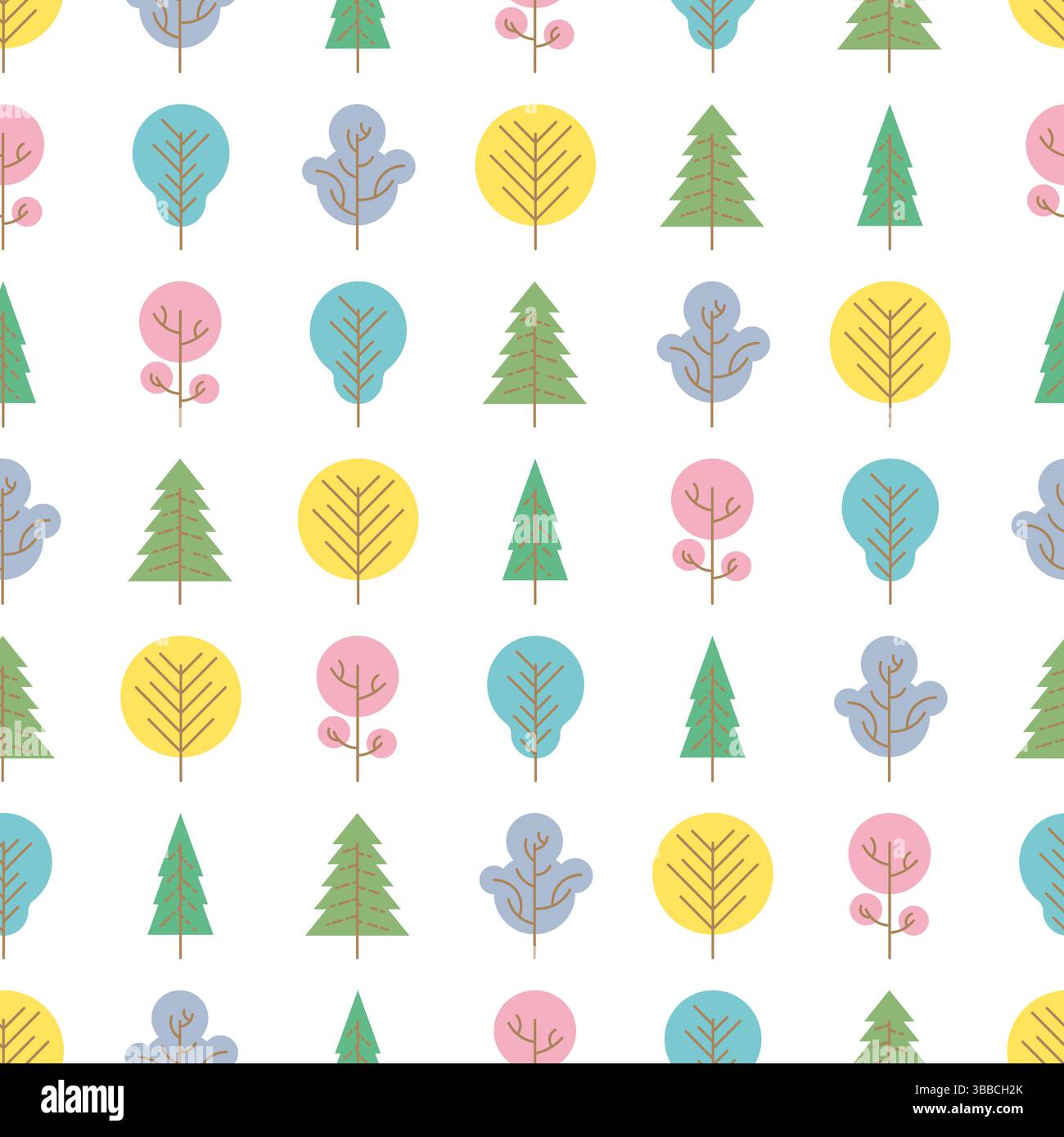 Seamless pattern with colored trees on white background. Vector illustration. Stock Vector
