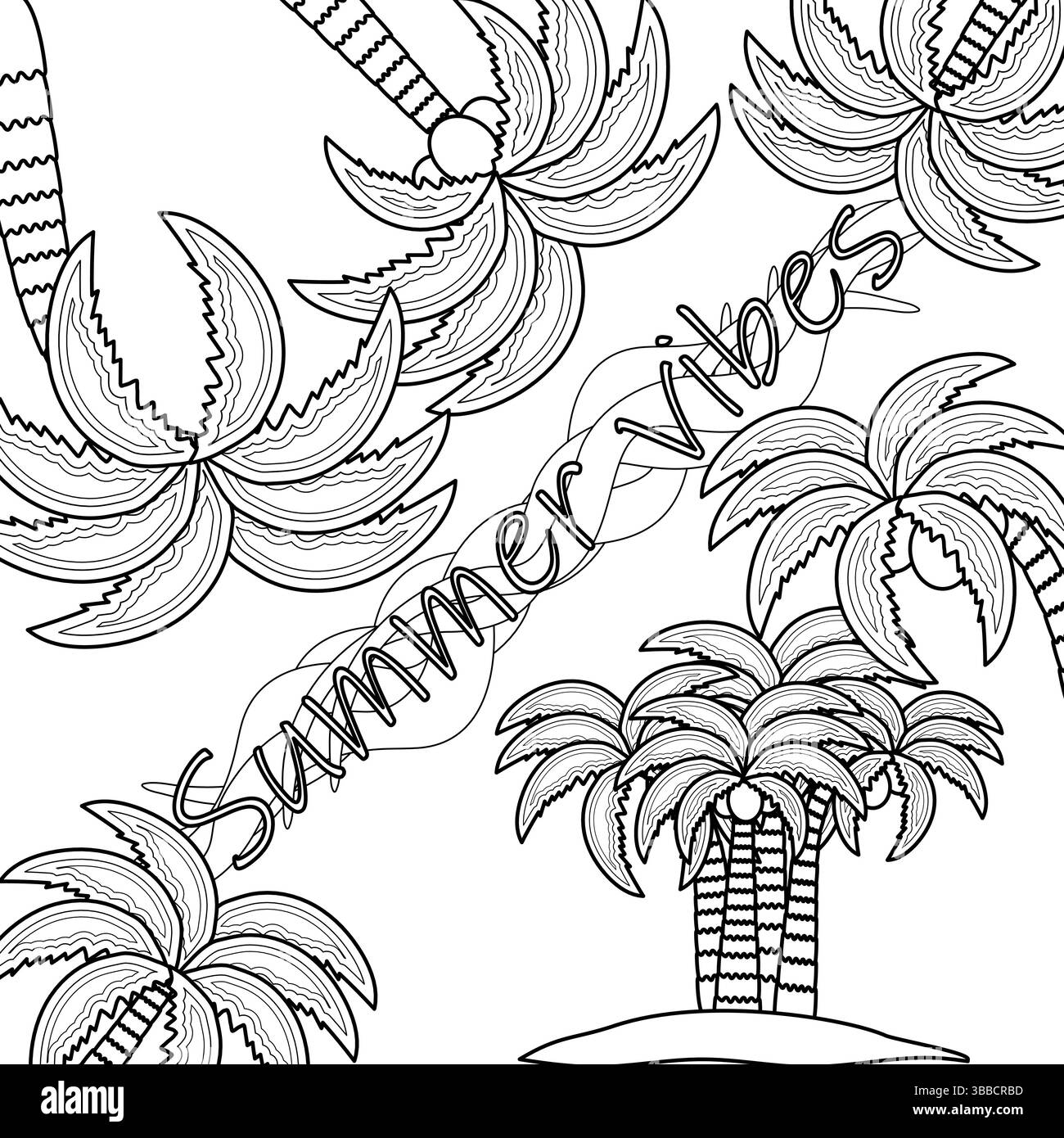 Coloring outline a scene of a tropical island, palm trees, coconuts, ocean wave. Coconut palm frame. Summer vibes. For entertaining, vacation banner, Stock Vector