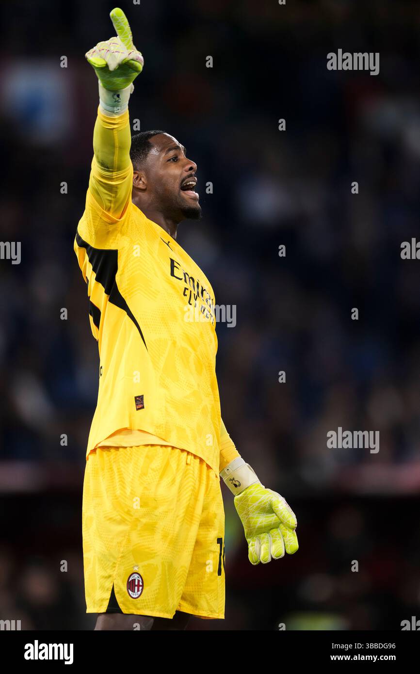 Mike Maignan of AC Milan gestures during the Coppa Italia final ...