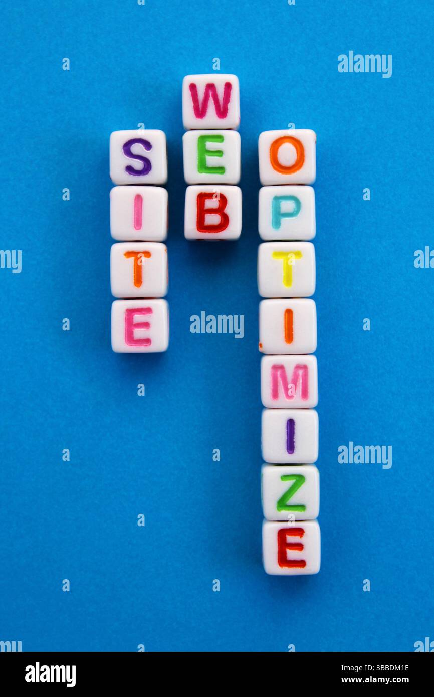 Cubes forming the words SEO, SITE, WEB and OPTIMIZE Stock Photo
