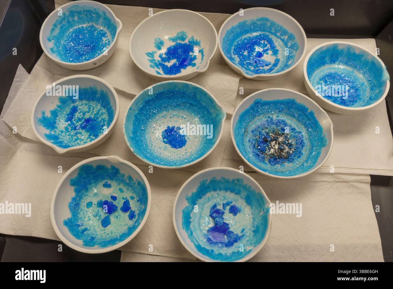 A tray of copper sulphate crystals forming in evaporating basins, part of a KS3 science lesson in a UK school. Stock Photo
