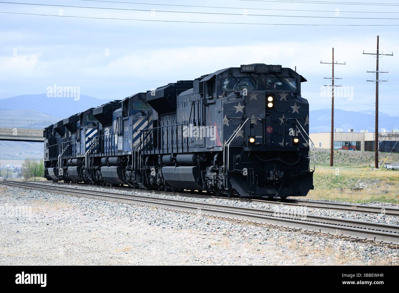 Great Falls, MT, USA - May 4, 2025; Montana Rail Link SD70ACe Thank You to Essental Workers engine with the grime of hard work Stock Photo